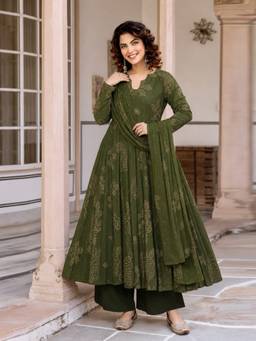Aaghnya - Women's Green Rayon Blend Printed Anarkali Kurta with Palazzo and Dupatta