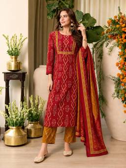 Aaghnya - Women's Red Cotton Blend Printed Straight Kurta with Pant and Dupatta