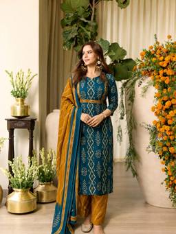 Aaghnya - Women's Teal Cotton Blend Printed Straight Kurta with Pant and Dupatta