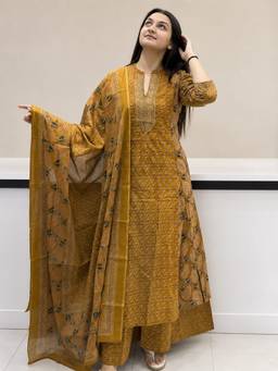 Aaghnya - Women's Yellow Rayon Blend A-Line Kurta With Palazzo and Dupatta