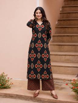 Aaghnya - Women's Black Rayon Blend Straight Printed Kurta With Palazzo