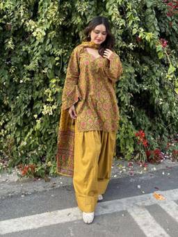 Aaghnya - Women's Mustard Cotton Blend Embroidered Straight Kurta With Salwar and Dupatta