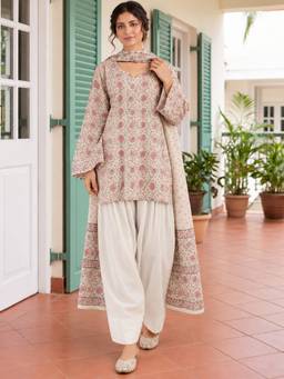 Aaghnya - Women's Off White Poly Cotton Printed Straight Kurta With Salwar and Dupatta