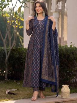 Aaghnya - Blue Women's Viscose Blend A-Line Printed Kurta With Pant And Dupatta