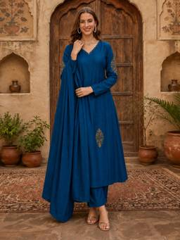 Aaghnya - Women's Teal Viscose Blend Embroidered A-Line Kurta With Pant and Dupatta