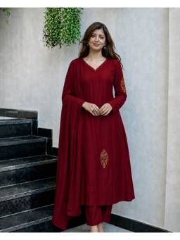 Aaghnya - Women's Red Viscose Blend Embroidered A-line Kurta With Pant and Dupatta