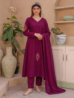 Aaghnya - Women's Magenta Viscose Blend Embroidered A-Line Kurta With Pant and Dupatta