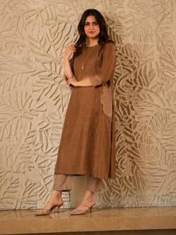 Aaghnya - Women's Brown Viscose Blend Embroidered A-Line Kurta With Pant