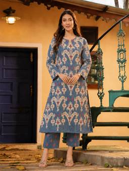 Aaghnya - Women's Blue Cotton Blend Printed Straight Kurta With Palazzo