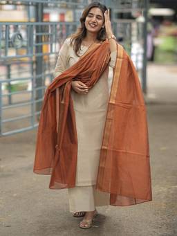 Aaghnya - Women's Cream Rayon Blend Solid Straight Kurta With Palazzo and Dupatta