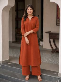 Aaghnya - Women's Rust Cotton Blend Solid Straight Kurta With Palazzo