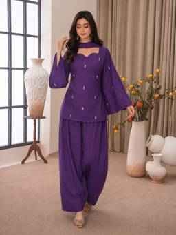 Aaghnya - Women's Purple Cotton Blend Embroidered Straight Kurta With Salwar and Dupatta