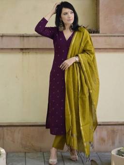 Aaghnya - Women's Wine Rayon Blend Printed Straight Kurta With Pant and Dupatta