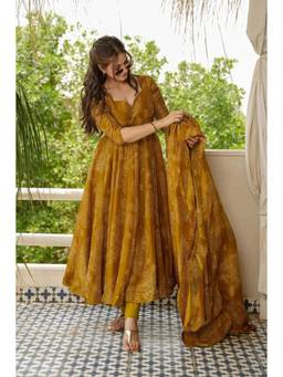 Aaghnya - Women's Mustard Rayon Blend Printed Anarkali Kurta With Pant and Dupatta