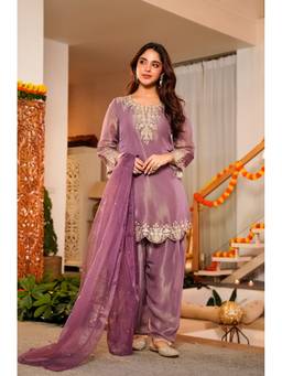 THE52 - Mauve Embroidered Satin Fabric Straight Kurta with Patiala and Dupatta