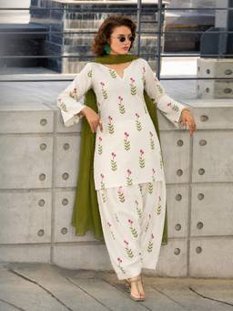Aaghnya - Women's Viscose Blend Printed Straight Kurta with Farshi Salwar and Dupatta