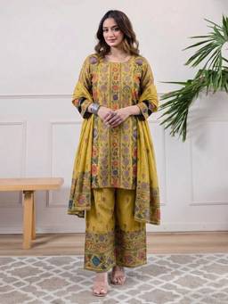 Aaghnya - Women's Yellow Rayon Blend Printed Straight Kurta with Salwar and Dupatta