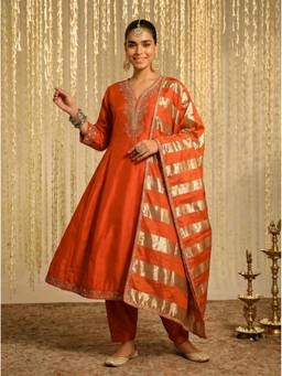 THE52 - Orange Embroidered Vichitra Silk Fabric Flared Kurta with Pant and Dupatta