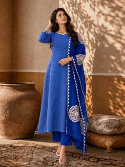 Aaghnya - Women's Blue Rayon Blend Printed A-Line Kurta With Pant and Dupatta