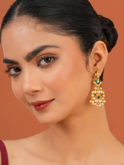 Voylla - Multi-Color Gold Plated Firdaus Peacock Kundan Dangler Earrings