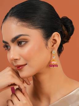 Voylla - Meher Rooh Gold Plated Pink Enamel and Stone Jhumki Earrings