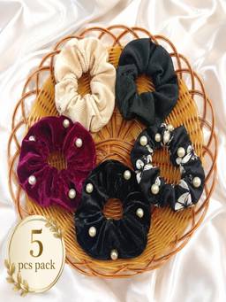 JEWELZ - Multi-Color Velvet and Fabric Scrunchies (Pack Of 5)