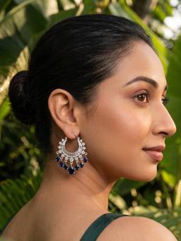 Autumnlane - Monstera Zirconia Blue Tassel Hoop Earrings