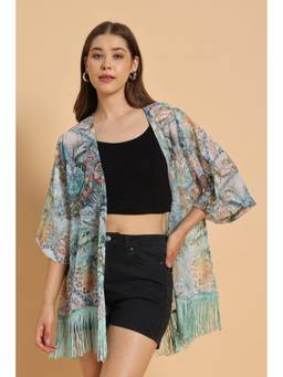 PURYS - Green Floral Print Kimono Shrug