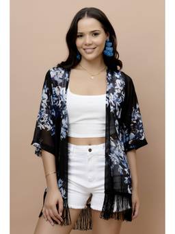 PURYS - Black Floral Printed Kimono Style Shrug