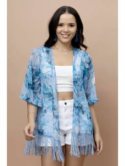 PURYS - Blue Floral Printed Kimono Style Shrug