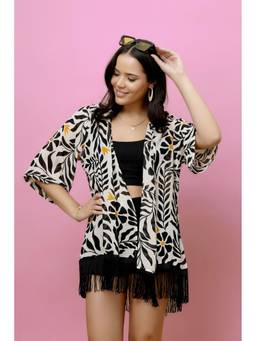 PURYS - Off White Printed Kimono Style Shrug