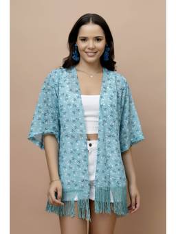 PURYS - Blue Floral Printed Kimono Style Shrug