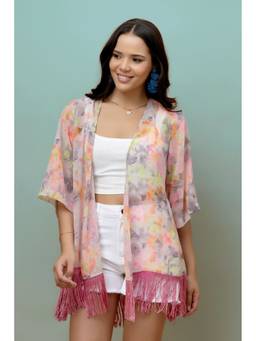 PURYS - Pink Printed Kimono Style Shrug