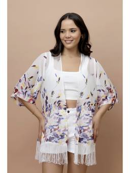 PURYS - White Printed Kimono Style Shrug
