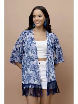 PURYS - Blue Floral Printed Kimono Style Shrug