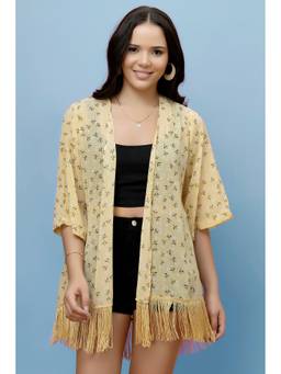 PURYS - Yellow Floral Printed Kimono Style Shrug