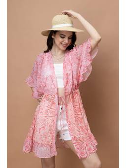PURYS - Pink Tie-Up Front Kaftan Style Shrug
