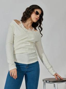 SHOWOFFFF - Women's Off White Wrap-Style Textured V-Neckline Top