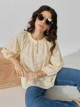 SHOWOFFFF - Women's Floral Textured Cream Tie-Up Neck Top