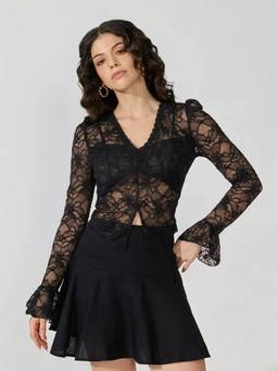SHOWOFFFF - Women's Floral Black V-Neck Bell Sleeve Top