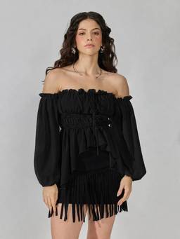 SHOWOFFFF - Women's Black Off-Shoulder Smocked Puff Sleeves and Tie-Up Detail Top