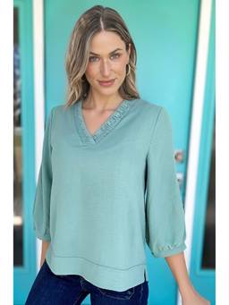 Errabelly - Green Moonlight Jade Frilled V Neckline Bracelet Sleeve Crinkled Top