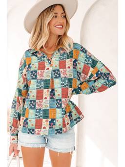 Errabelly - Sky Blue Floral Collared Collar Neck Roll up Sleeve Shift Blouse Top