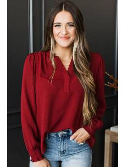 Errabelly - Burgundy Round Neck Shirred Cuff Long Sleeve Top