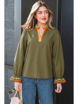 Errabelly - Green Four Leaf Clover Striped Trim Ruffle Split Neck Long Sleeve Top