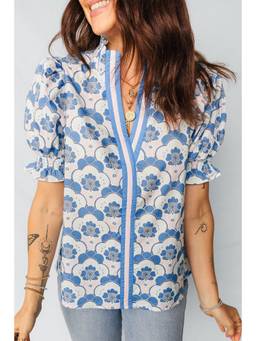 Errabelly - Sky Blue Floral Print Flounced Short Sleeve Contrast Trim V Neck Top