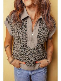 Errabelly - Beige Zip up Collared Leopard Cap Sleeve Top