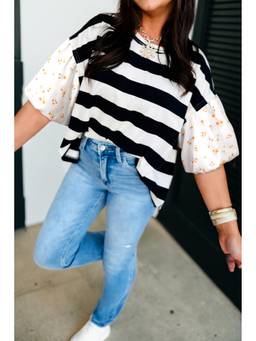 Errabelly - Black Stripe Floral Print Puff Sleeve Patchwork Top