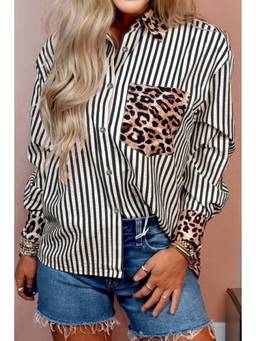 Errabelly - Black Striped Leopard Print Patchwork Button Up Womens Shirt