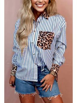 Errabelly - Sky Blue Striped Leopard Print Patchwork Button Up Womens Shirt